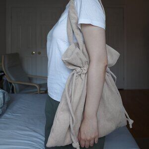 Corduroy Drawstring Shoulder Tote Bag (Beige) - LIKE NEW